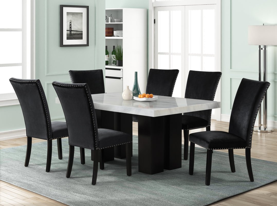 1220 – (FAUX MARBLE) Black Dining Table + 6 Chair Set – SV Discount ...