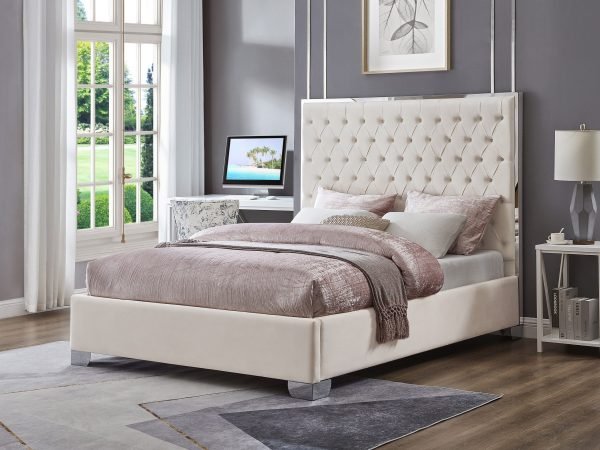 Kate Queen Plaform Bed Frame Beige Velvet 58'' Hight