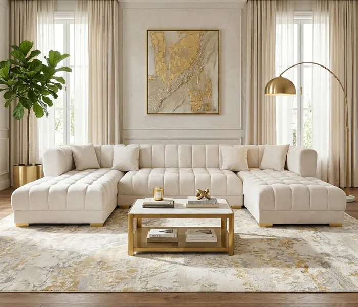 JAYLA IVORY VELVET DOUBLE CHAISE 141" SECTIONAL