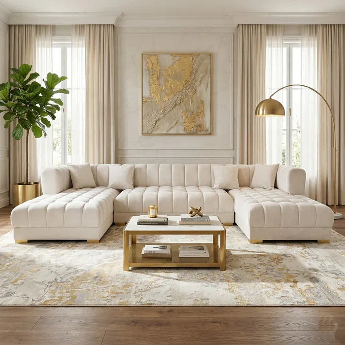 JAYLA IVORY VELVET DOUBLE CHAISE 141" SECTIONAL