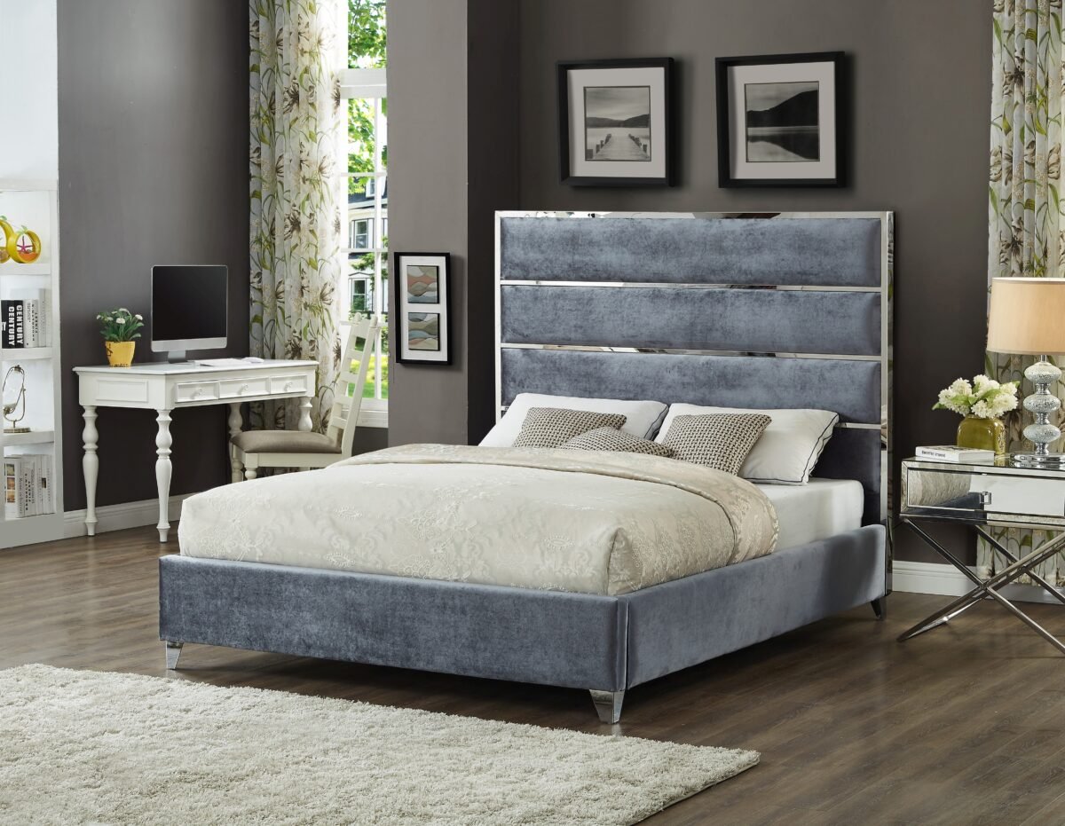 Lauren Gray Lauren Queen Gray Velvet Upholstered Platform Bed