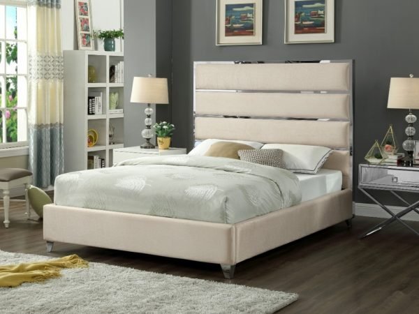 Lauren King Beige Velvet Upholstered Platform Bed