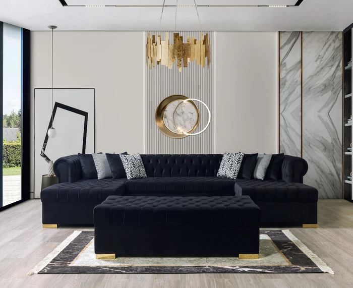 Lauren Black Velvet Double Chaise 136'' Sectional