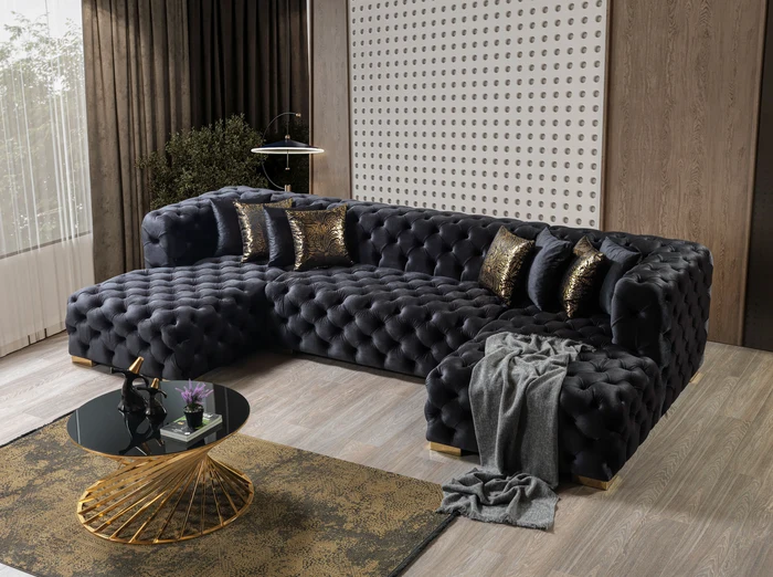 Neva Black Velvet Double Chaise 138'' Sectional