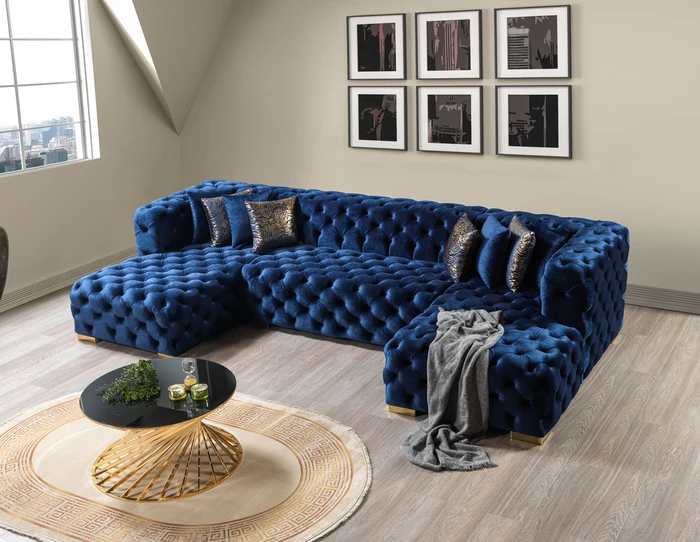 Neva Blue Velvet Double Chaise 138'' Sectional