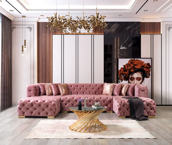 Neva Pink Velvet Double Chaise 138'' Sectional