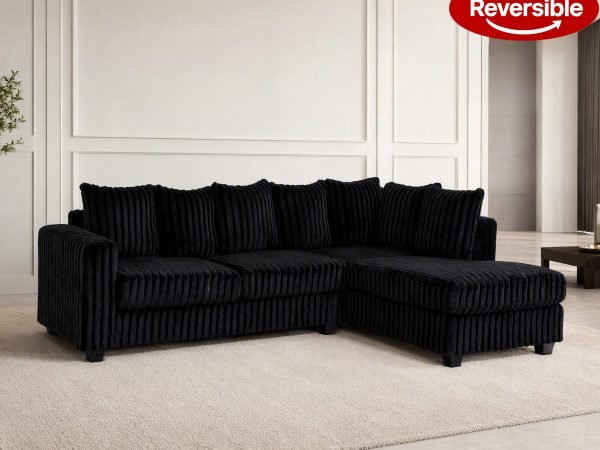 Reversible Chaise, Hanna Black Fluffy Wire Corduroy Sectonal
