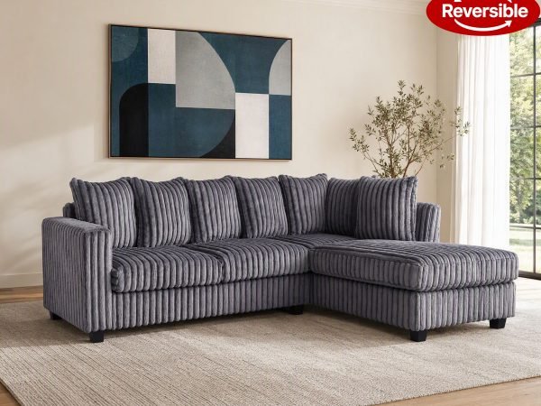 Reversible Chaise, Hanna Grey Fluffy Wide Corduroy Sectional